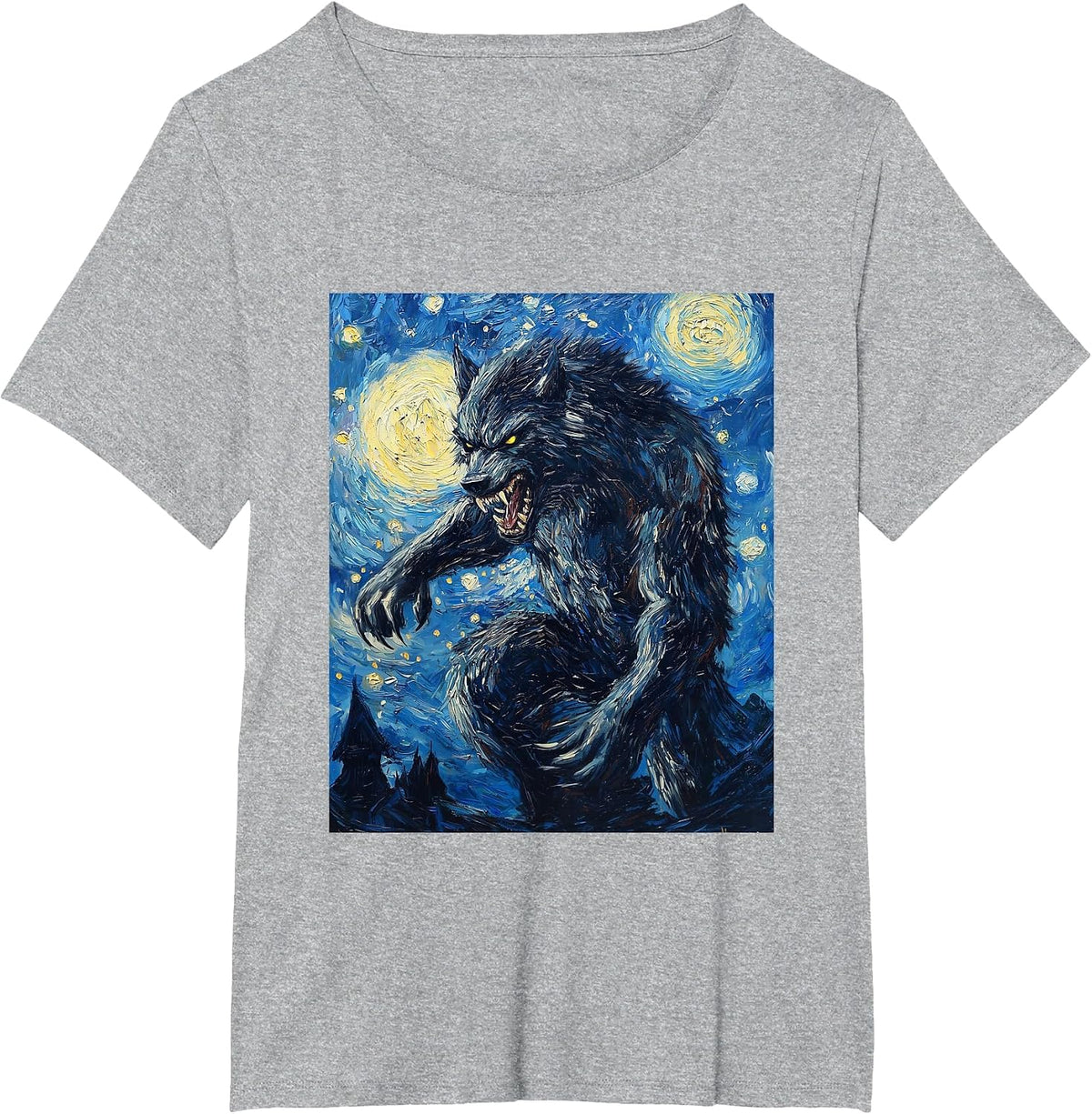 Werewolf Wolf Van Gogh Style Starry Night Graphic T-Shirt - Heather Grey