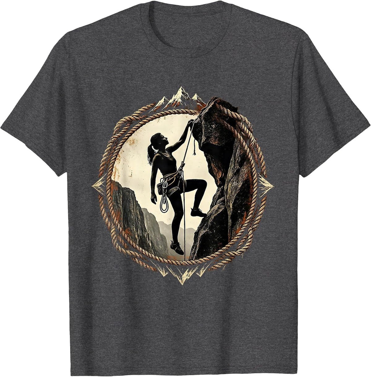 Woman Rock Climber Cliff Face Illustration T-Shirt - Dark Heather Grey
