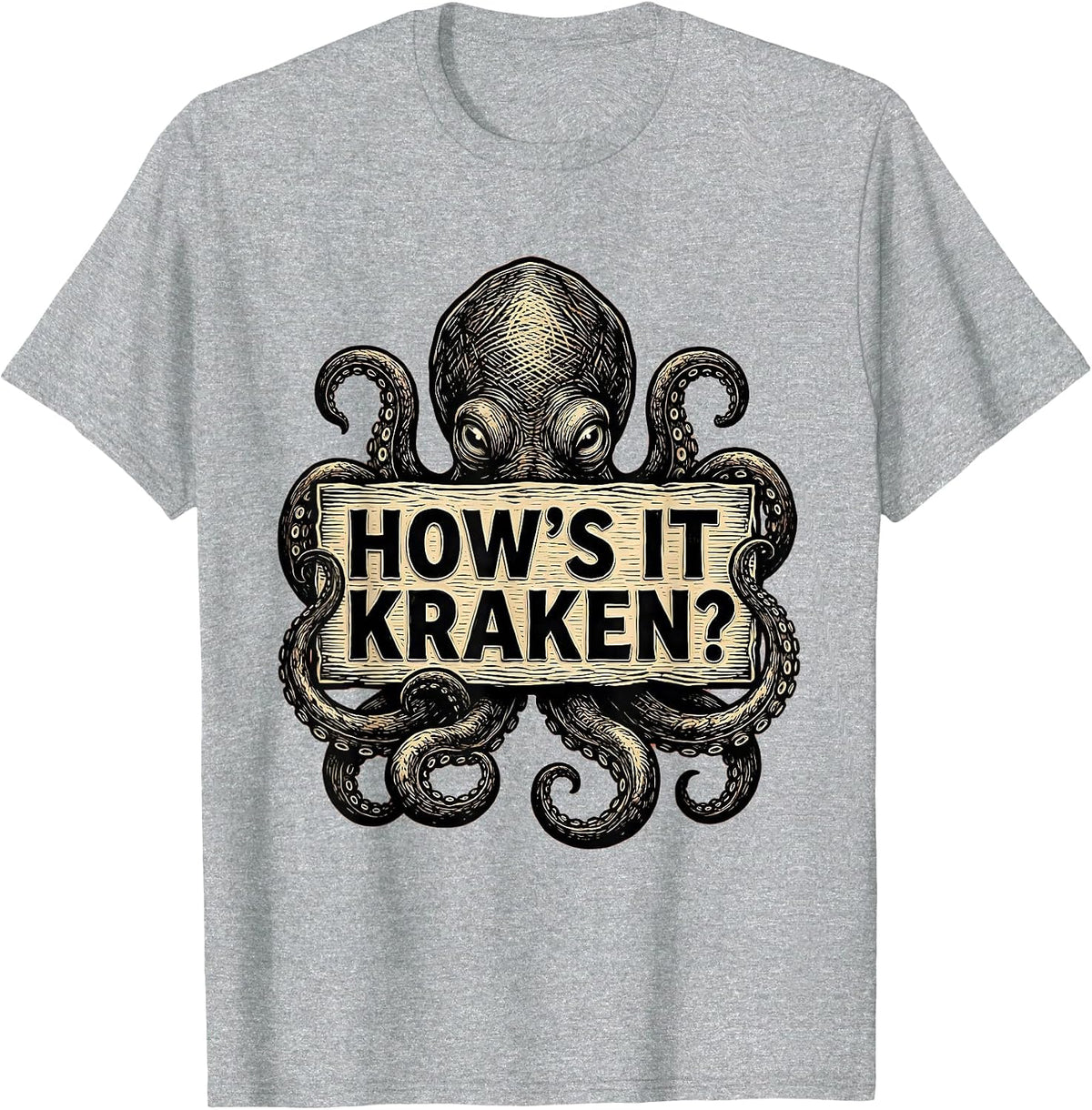 Men's How's It Kraken? Whimsical Vintage Octopus Lover Kraken T-Shirt - Heather Grey