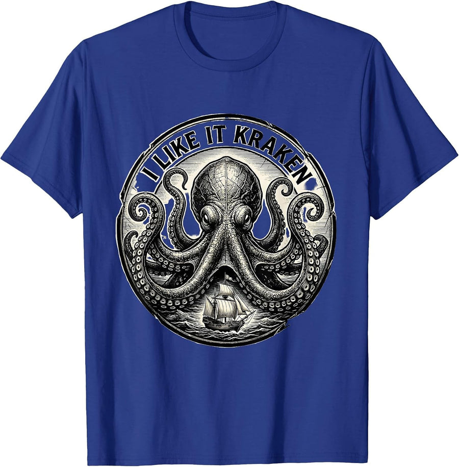 I Like It Kraken Monochromatic Vintage Octopus Kraken T-Shirt - Royal Blue
