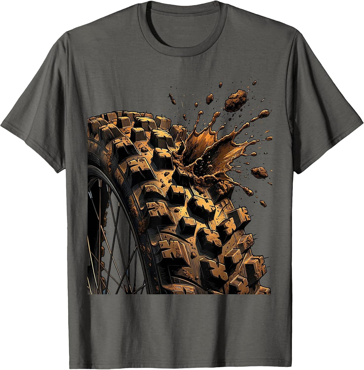 Mountain Bike Knobby Tire Mud Spray Graphic T-Shirt - Asphalt Grey