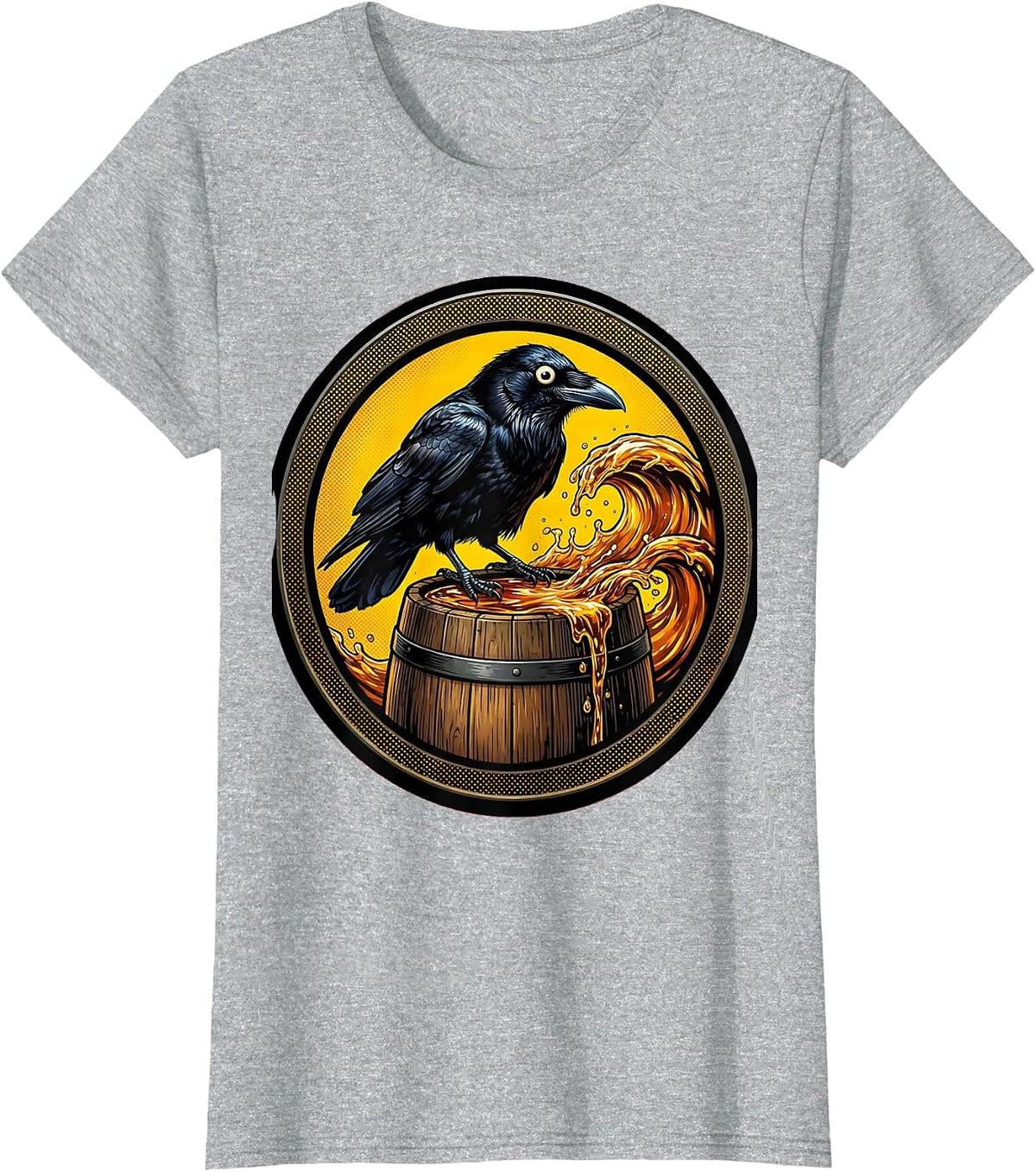 Women's Crow on Whiskey Barrel Halloween Graphic T-Shirt - Heather Grey