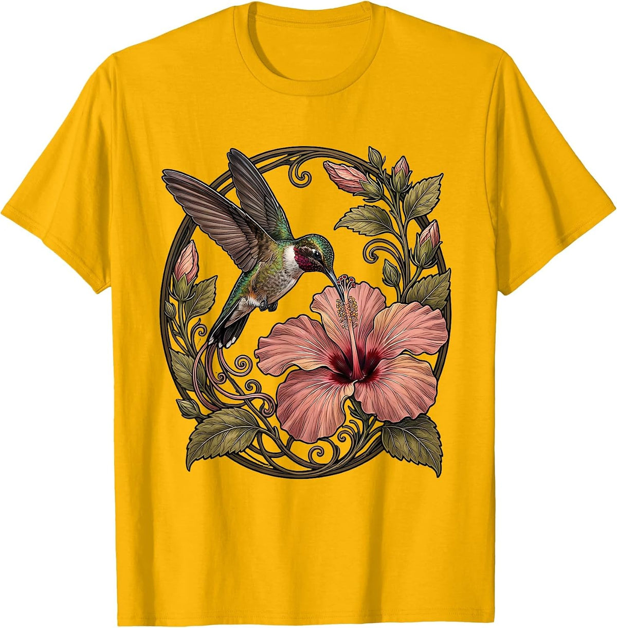 Gigi Hummingbird Hibiscus Floral Illustration T-Shirt - Golden Yellow