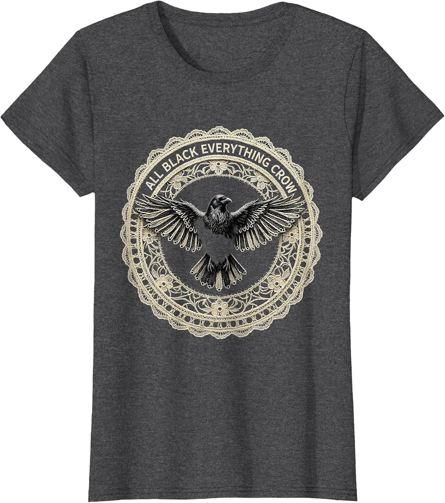 Women's All Black Everything Crow Graphic Design T-Shirt - Dark Heather Grey