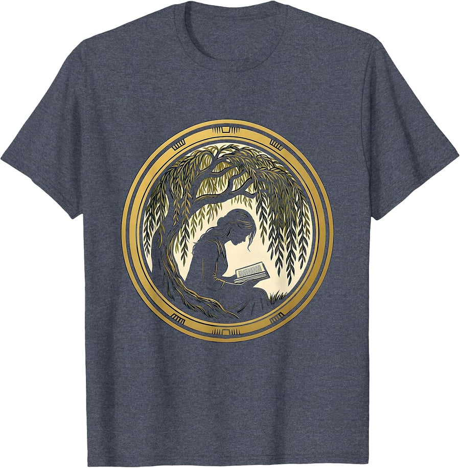 Gigi Reading Under a Weeping Willow Tree T-Shirt - Heather Blue