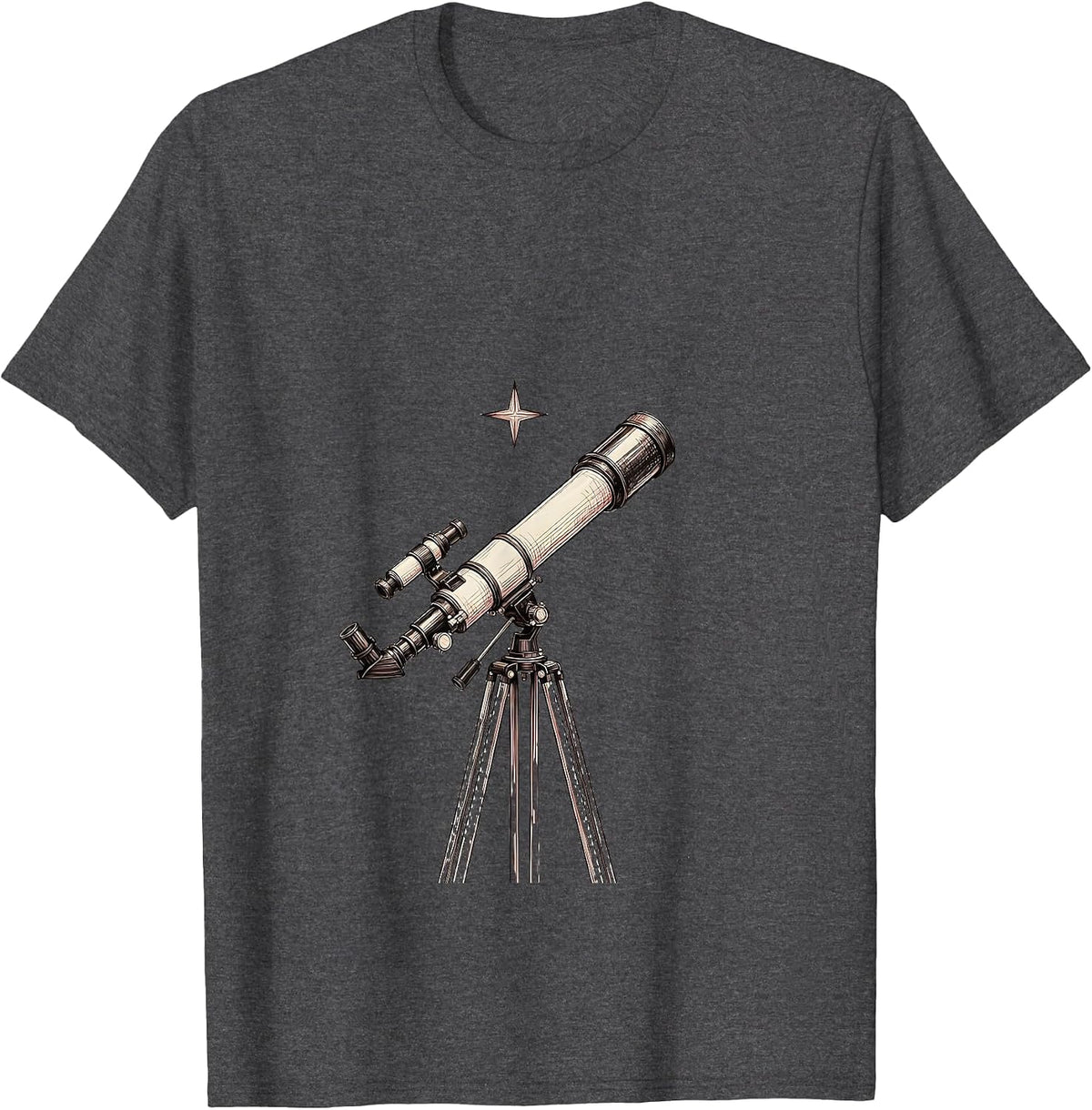 Telescope and Glowing Star Astronomy Design T-Shirt - Dark Heather Grey