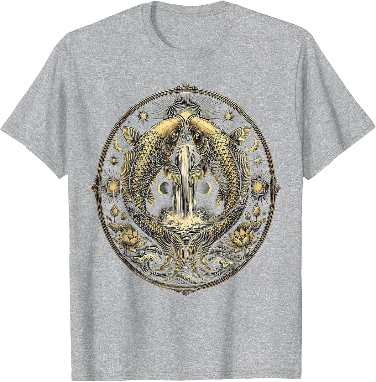 Men's Koi Fish Leaping Over Waterfall Japanese Art T-Shirt - Heather Grey