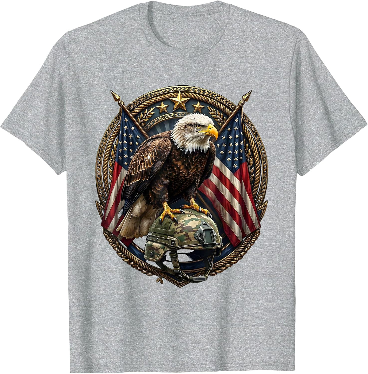 Men's Bald Eagle Military Helmet Veteran Graphic T-Shirt - Heather Grey