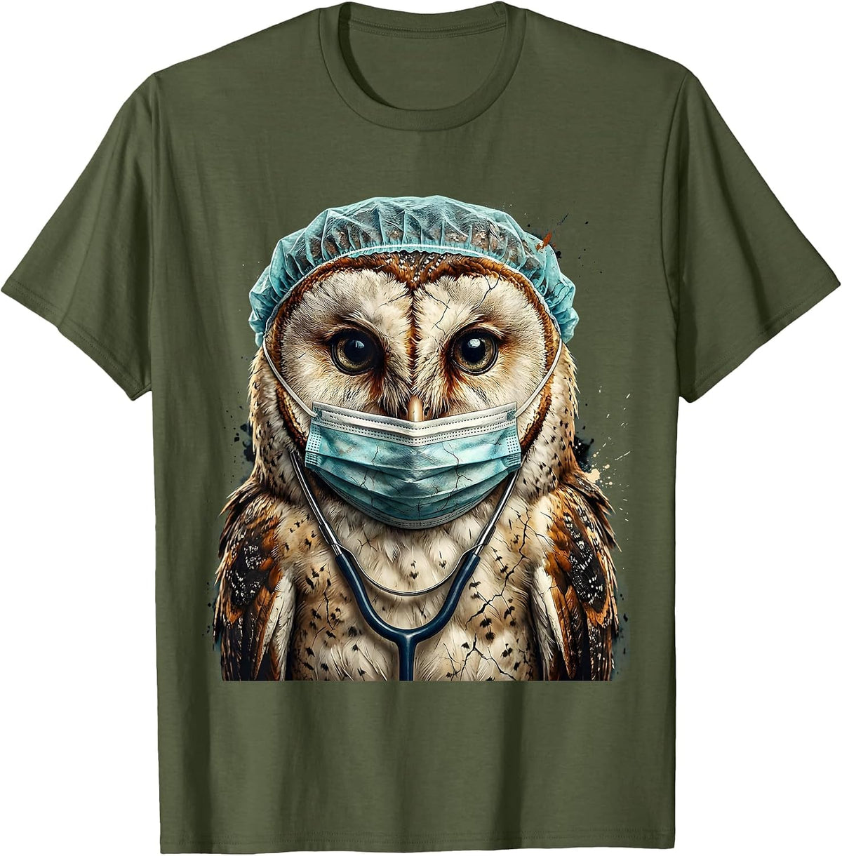 Men's Nurse Owl Surgical Mask and Cap Illustration T-Shirt - Olive Green