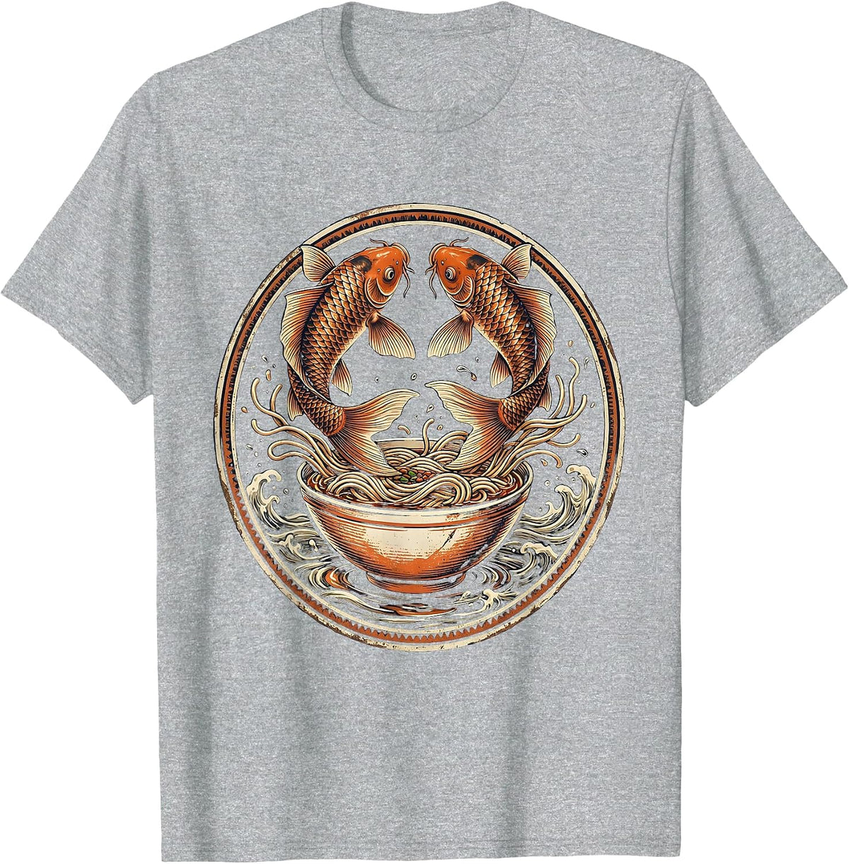 Men's Koi Fish Leaping From Noodle Bowl Graphic T-Shirt - Heather Grey