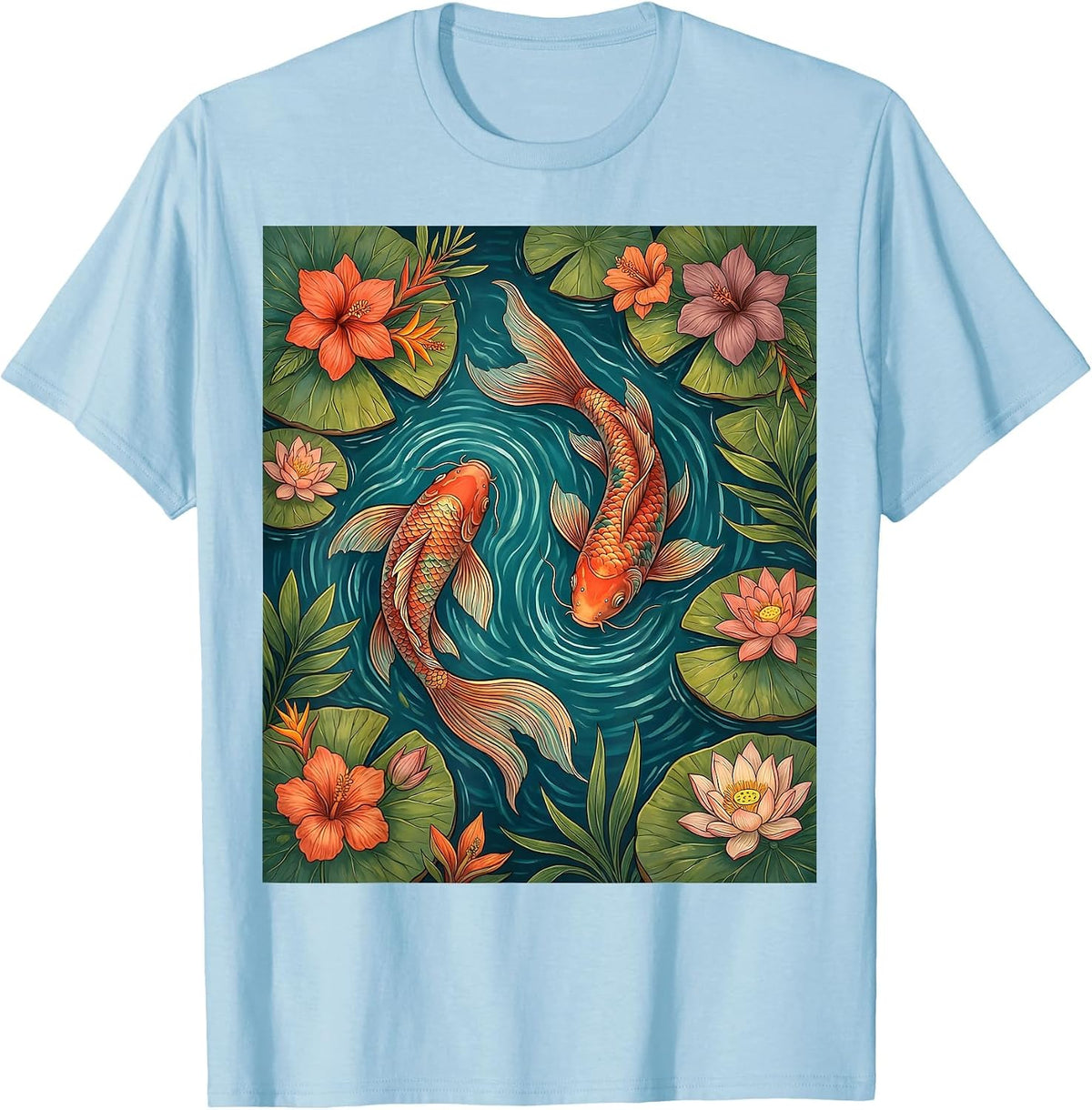 Colorful Koi Fish Lily Pad Hawaiian Design T-Shirt - Baby Blue