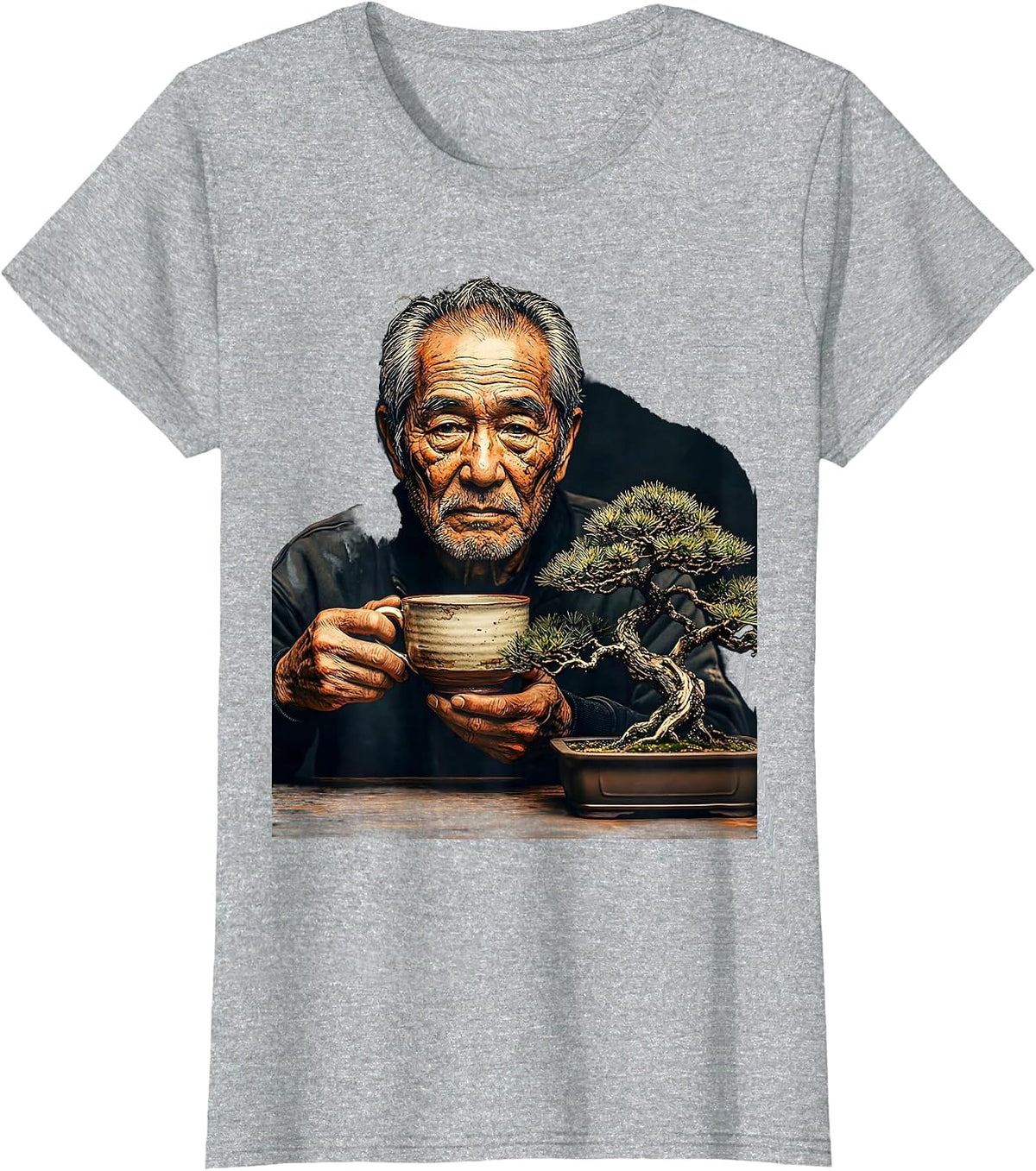 Japanese Elder Tea and Bonsai Graphic T-Shirt - Heather Grey