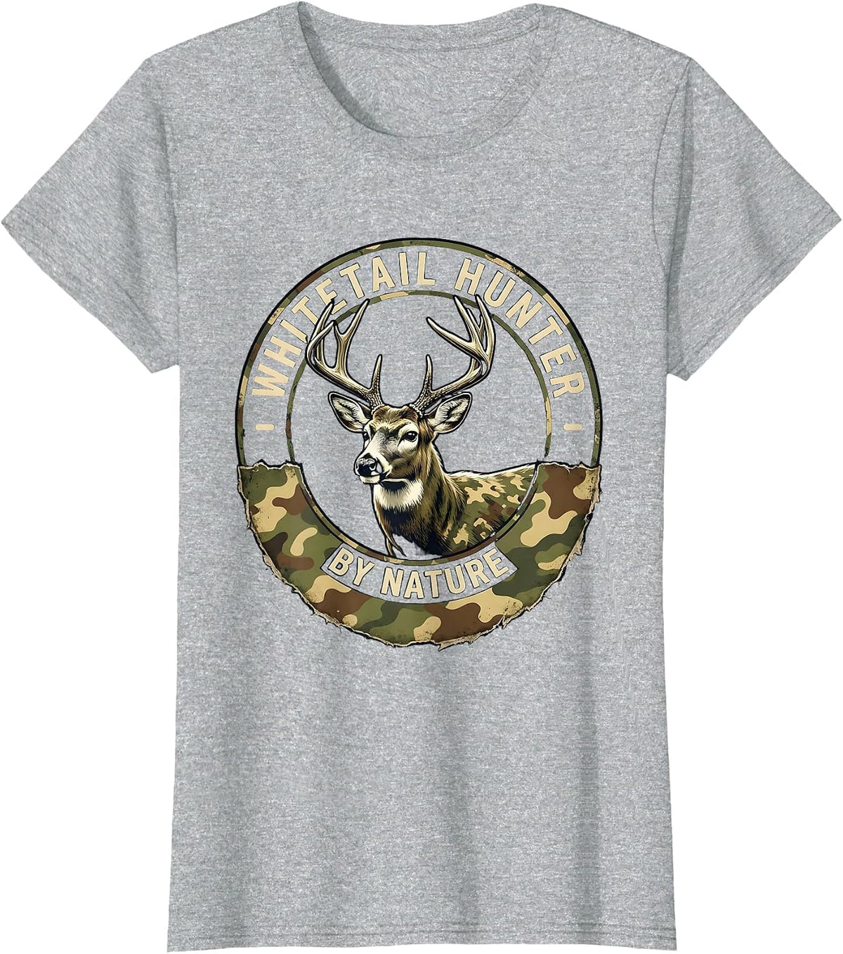 Whitetail Hunter By Nature Distressed Camo Dad Humor T-Shirt - Heather Grey