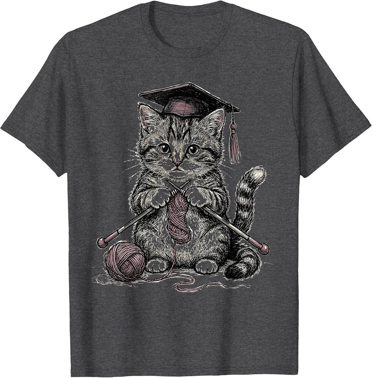 Cute Kitten Knitting Graduation Tassel Teacher T-Shirt - Dark Heather Grey