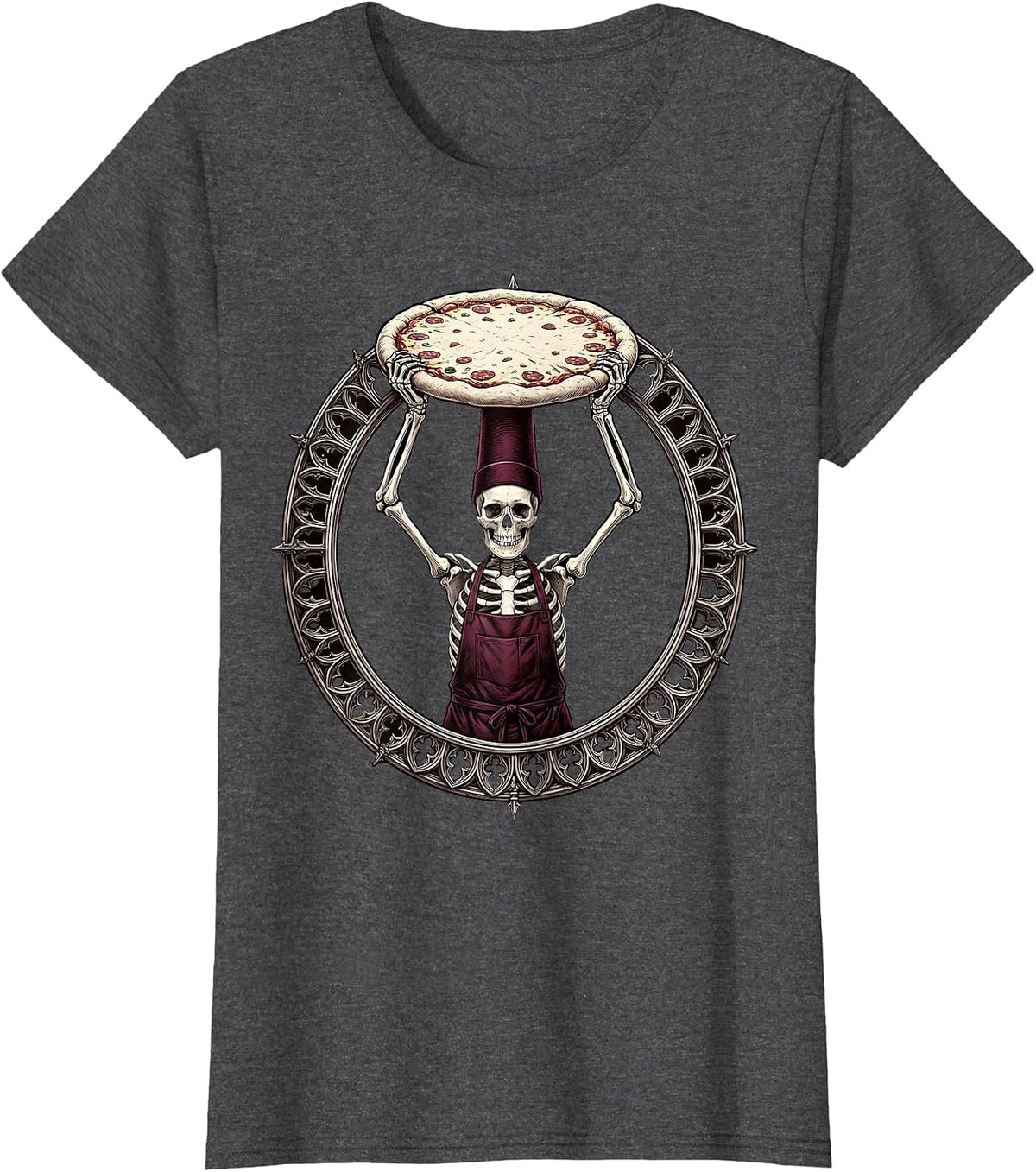 Women's Skeleton Chef Tossing Pizza Dough Illustration T-Shirt - Dark Heather Grey