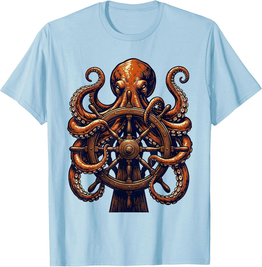 Men's Octopus Ship Wheel Nautical Cruise Graphic T-Shirt - Baby Blue