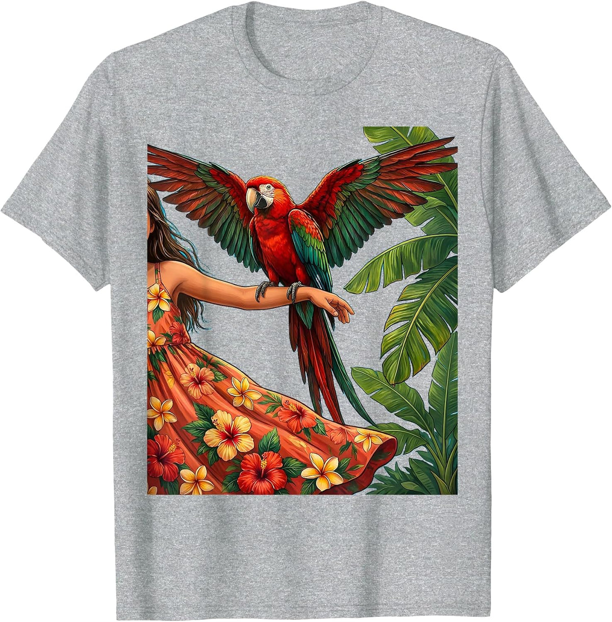 Men's Tropical Parrot on Outstretched Arm Hawaiian Design T-Shirt - Heather Grey