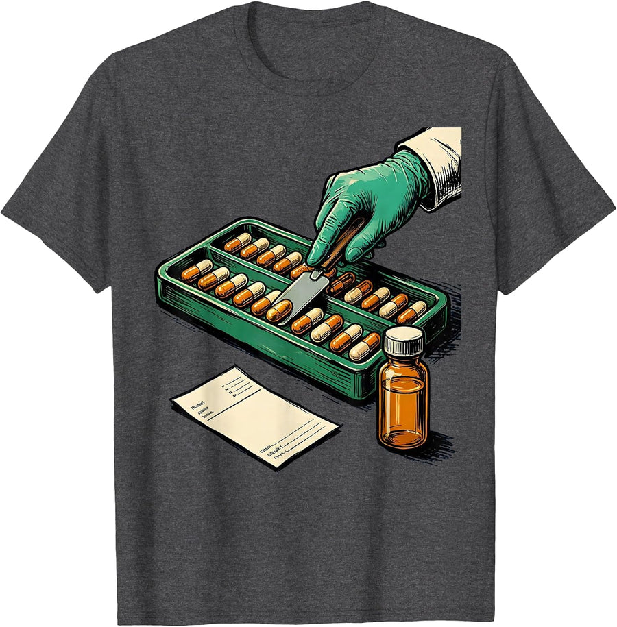 Men's Pill Counting Tray Pharmacy Tech Occupational Humor T-Shirt - Dark Heather Grey