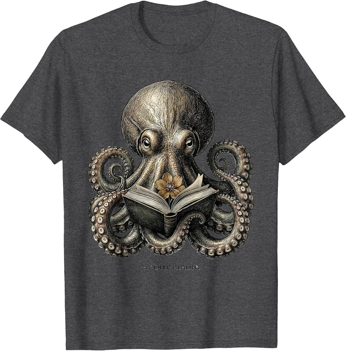 Men's My Deep Reader Botanical Octopus Book Lover Reader Art T-Shirt - Dark Heather Grey