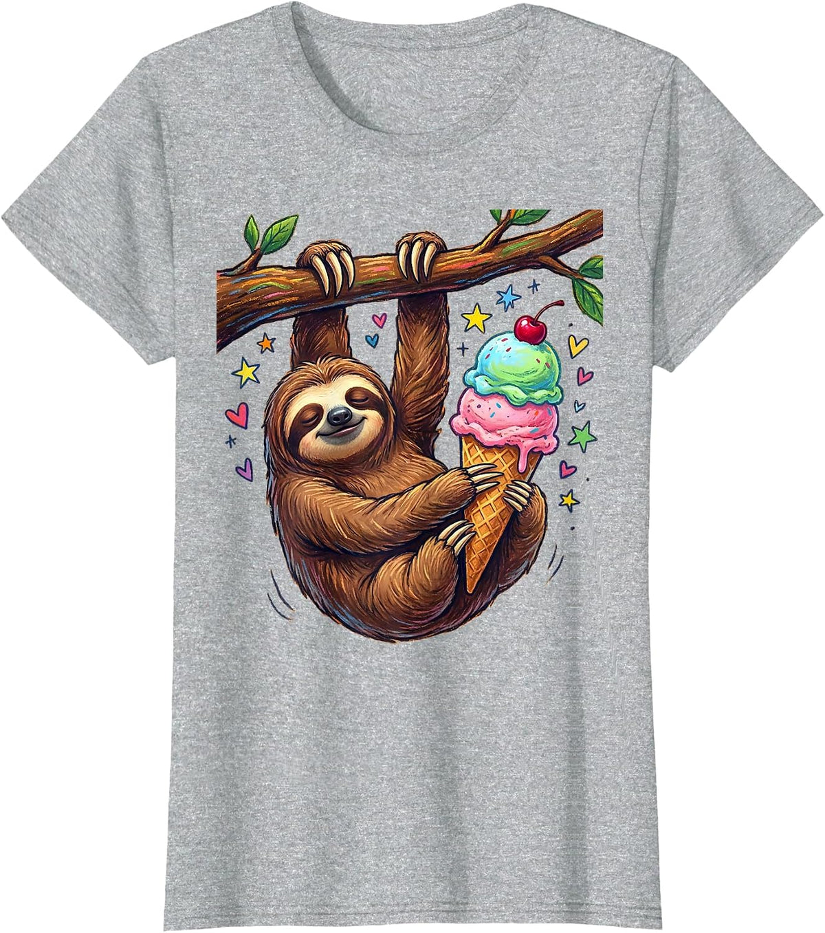 Women's Funny Sloth Hanging Upside Down Eating Ice Cream T-Shirt - Heather Grey