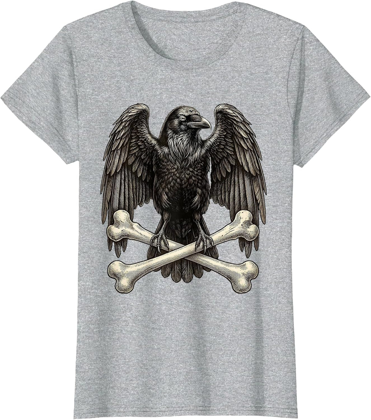 Three-Eyed Raven Crossbones Metal Art Design T-Shirt - Heather Grey