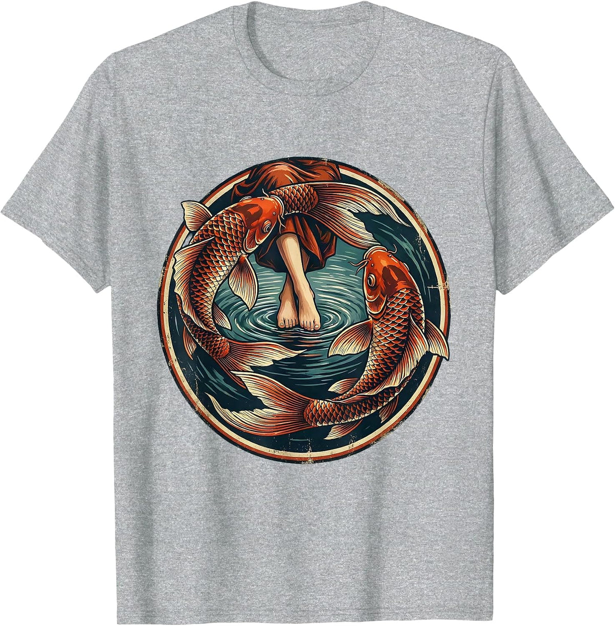 Men's Red Koi Fish Circling Feet Freedom Graphic T-Shirt - Heather Grey