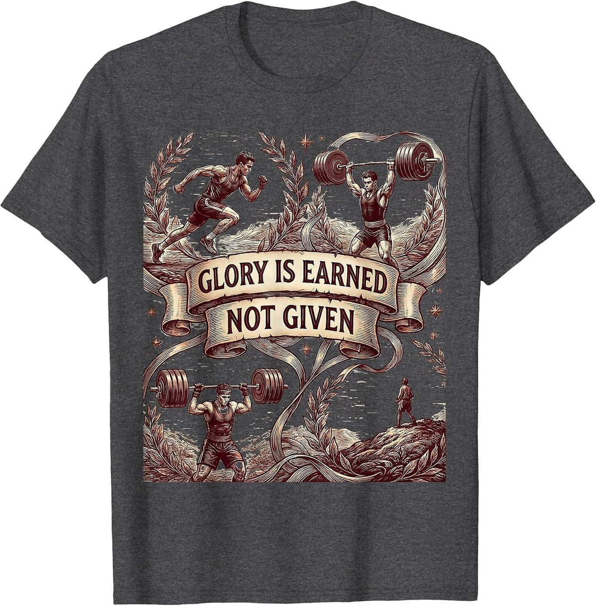 Glory Is Earned Not Given Sports Motivation Design T-Shirt - Dark Heather Grey