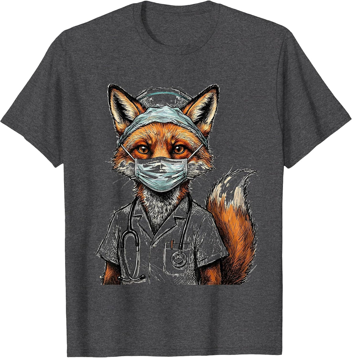 Nurse Fox Surgical Mask and Cap Illustration T-Shirt - Dark Heather Grey