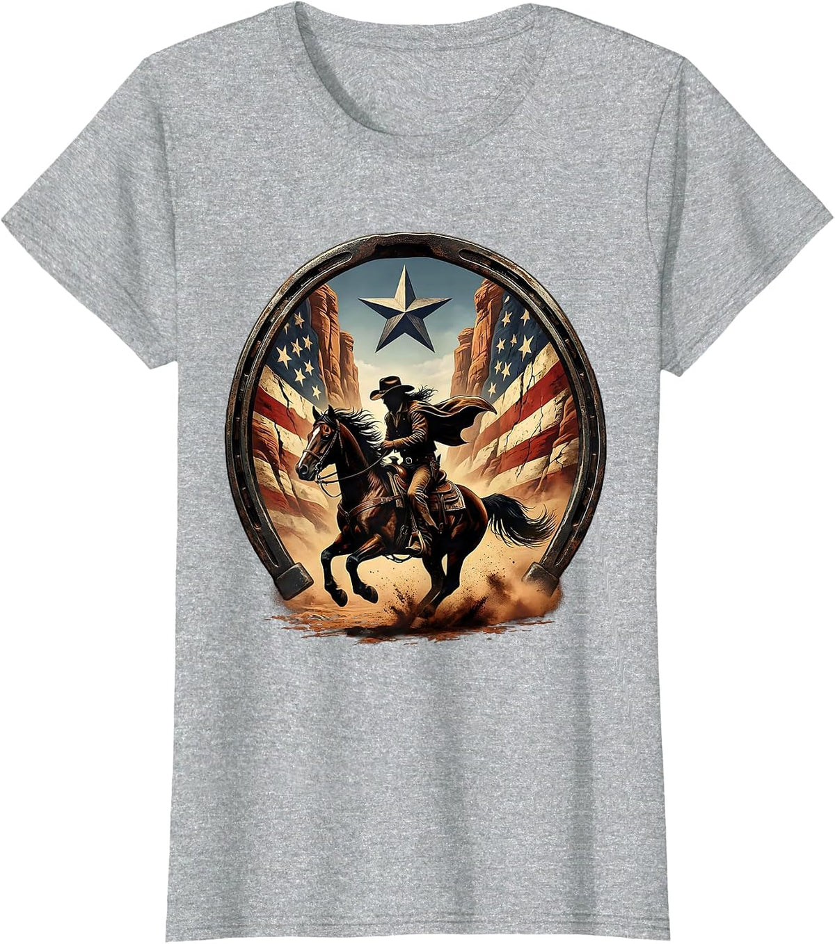 Cowboy Riding Horse Through Canyon Illustration T-Shirt - Heather Grey