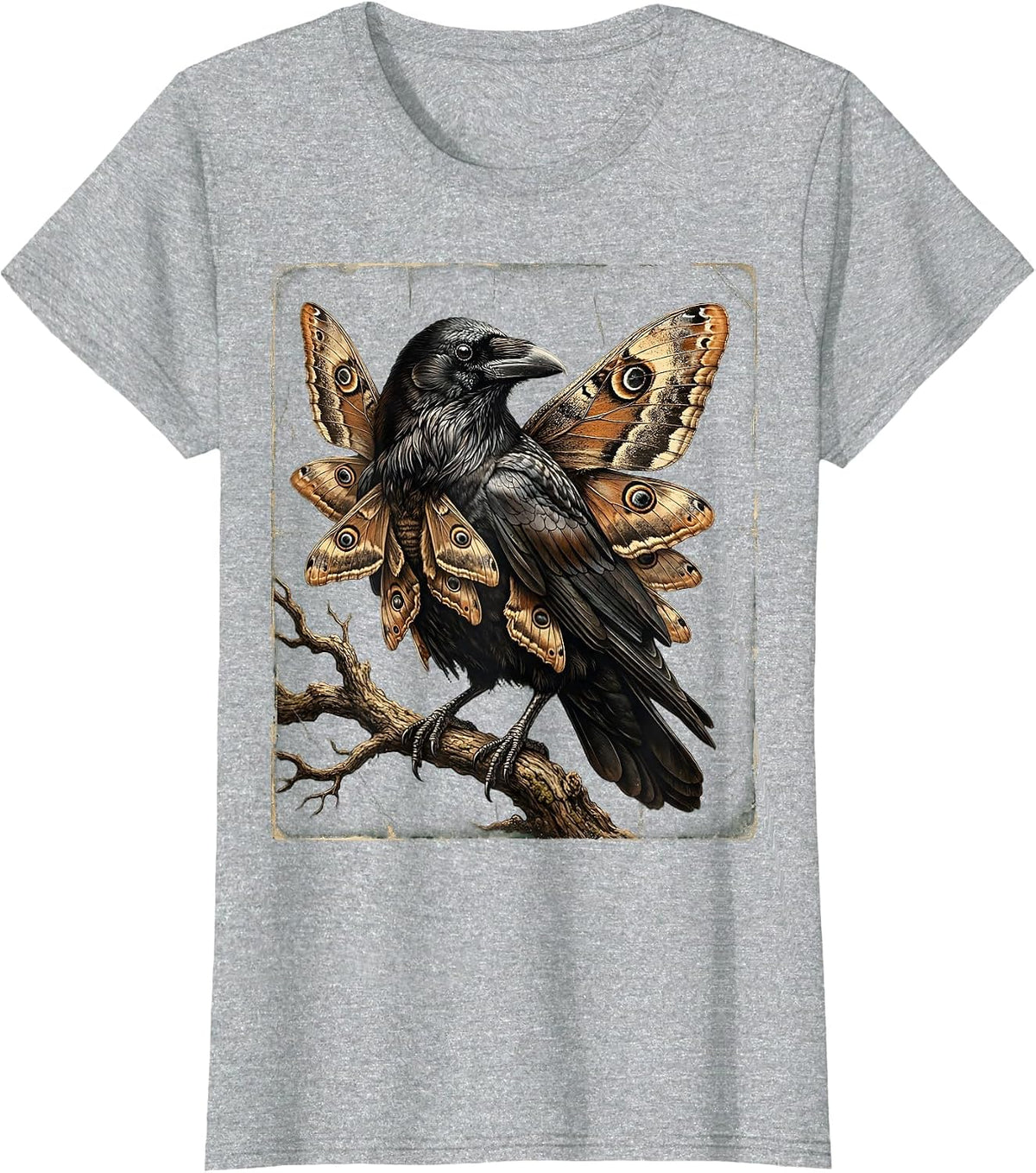 Crow With Moth Wings Dark Surreal Art T-Shirt - Heather Grey