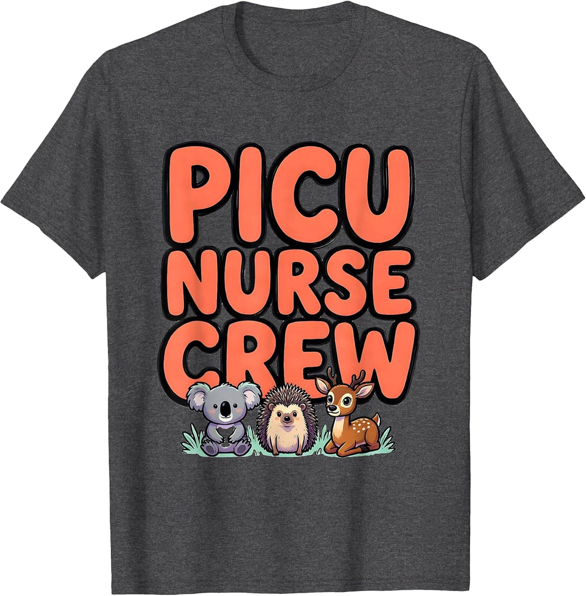 PICU Nurse Crew Cute Animal Pediatric Nurse Practitioner T-Shirt - Dark Heather Grey