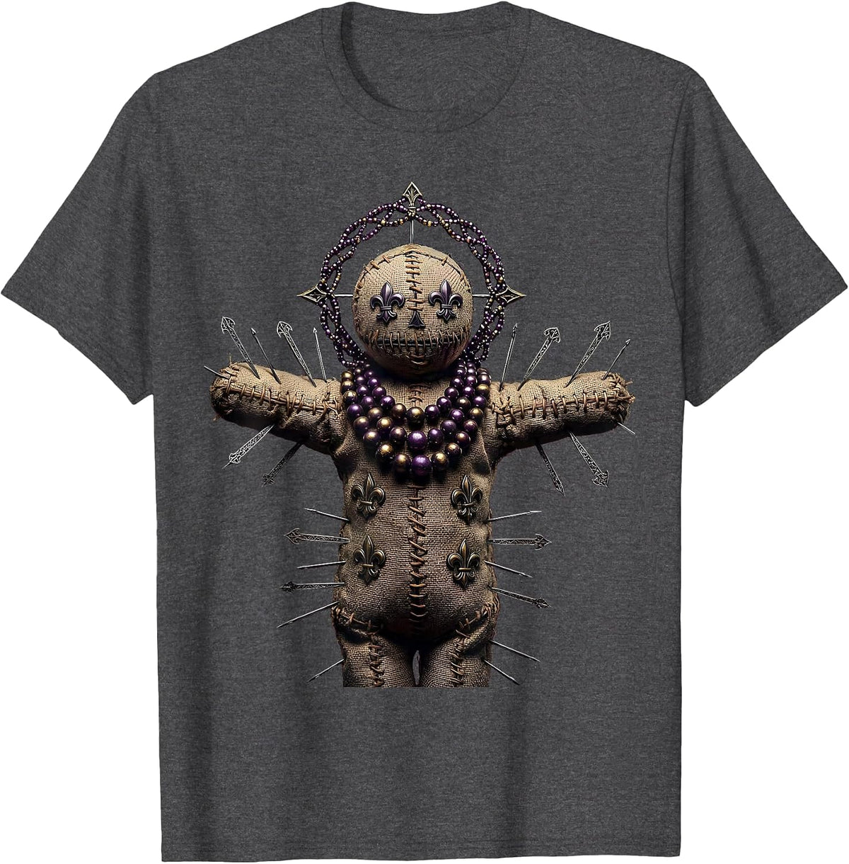 Voodoo Doll Mardi Gras Beads Festive Illustration T-Shirt - Dark Heather Grey