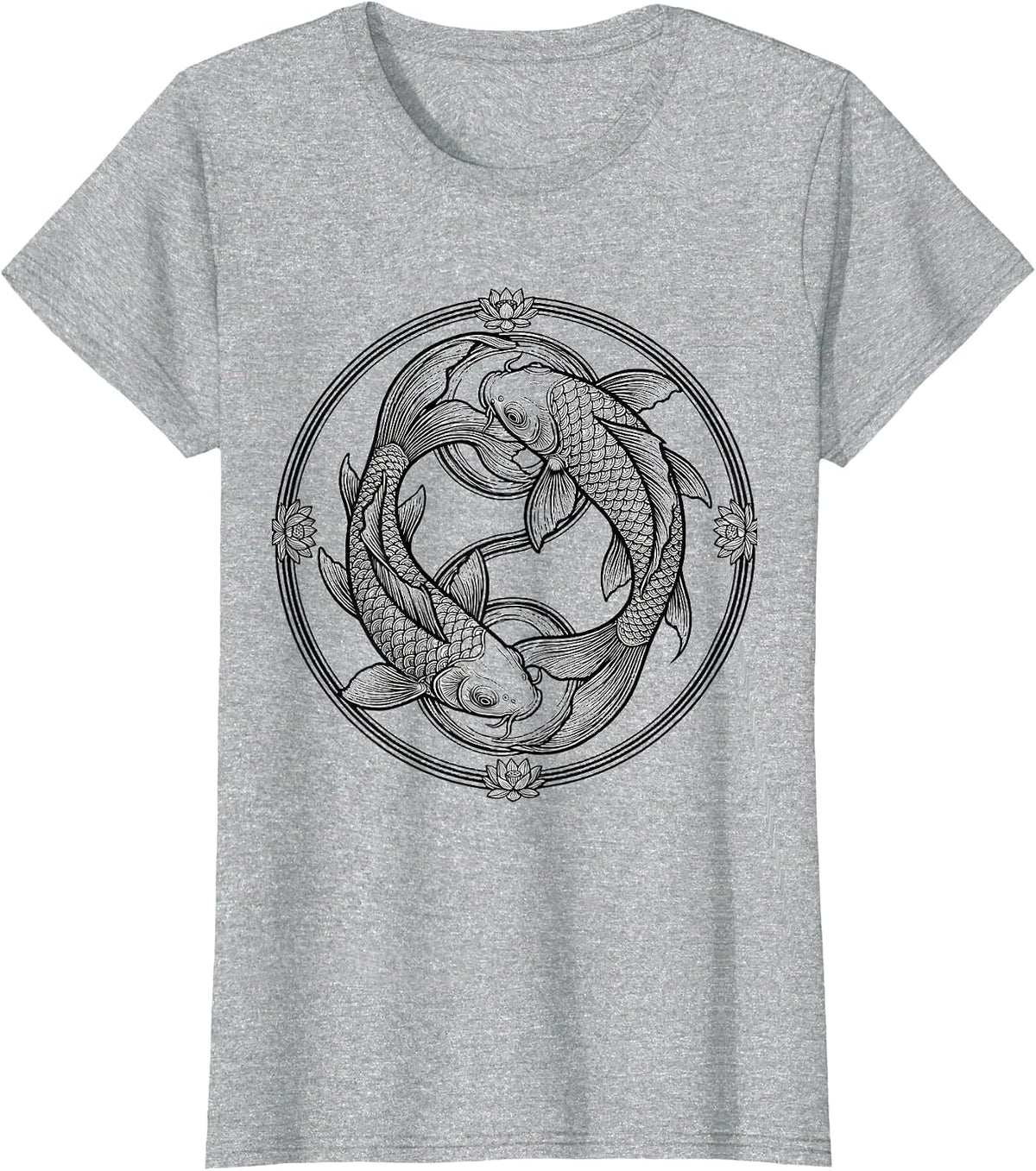 Koi Fish Yin Yang Circle Illustration T-Shirt - Heather Grey