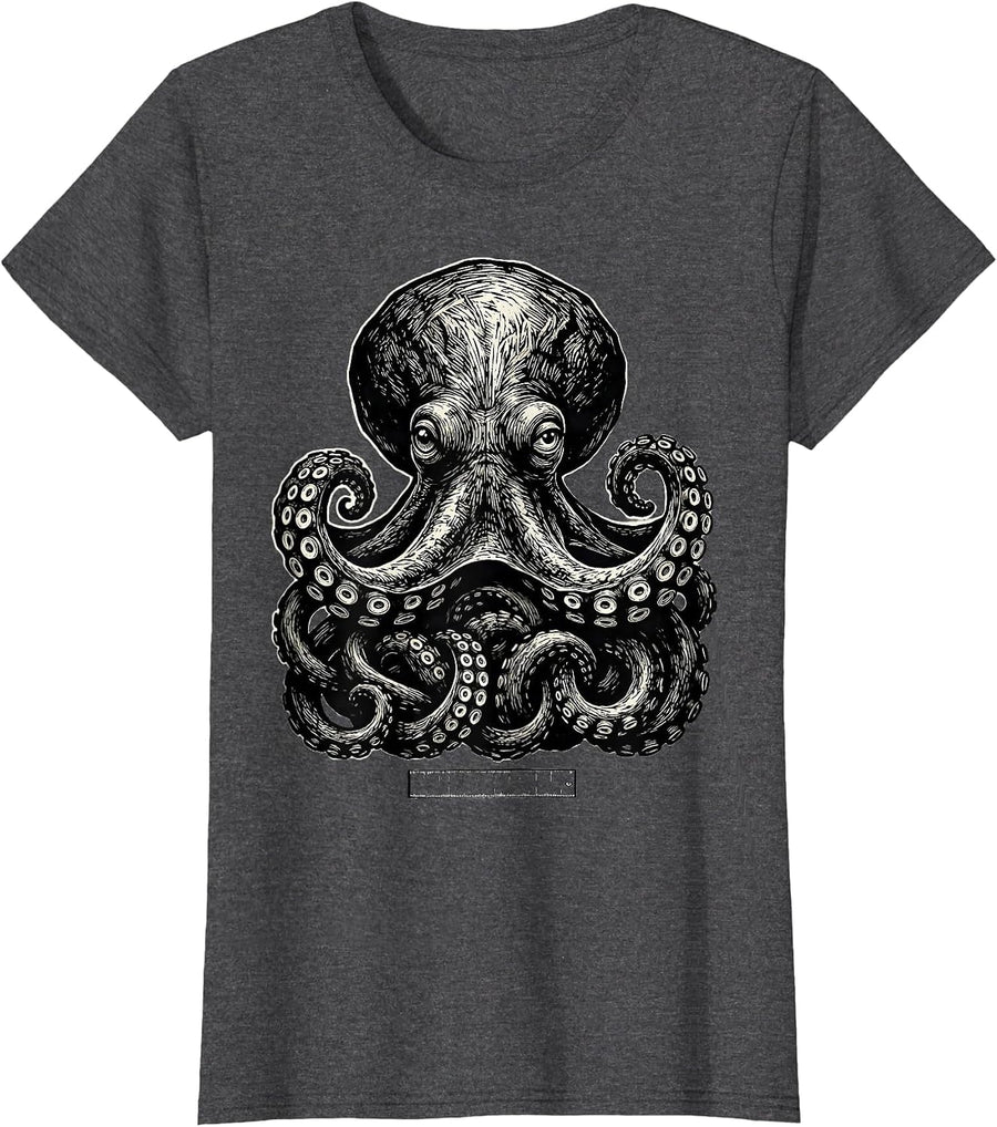 Women's Octopus Kraken Vintage Japanese Sea Monster Graphic T-Shirt - Dark Heather Grey