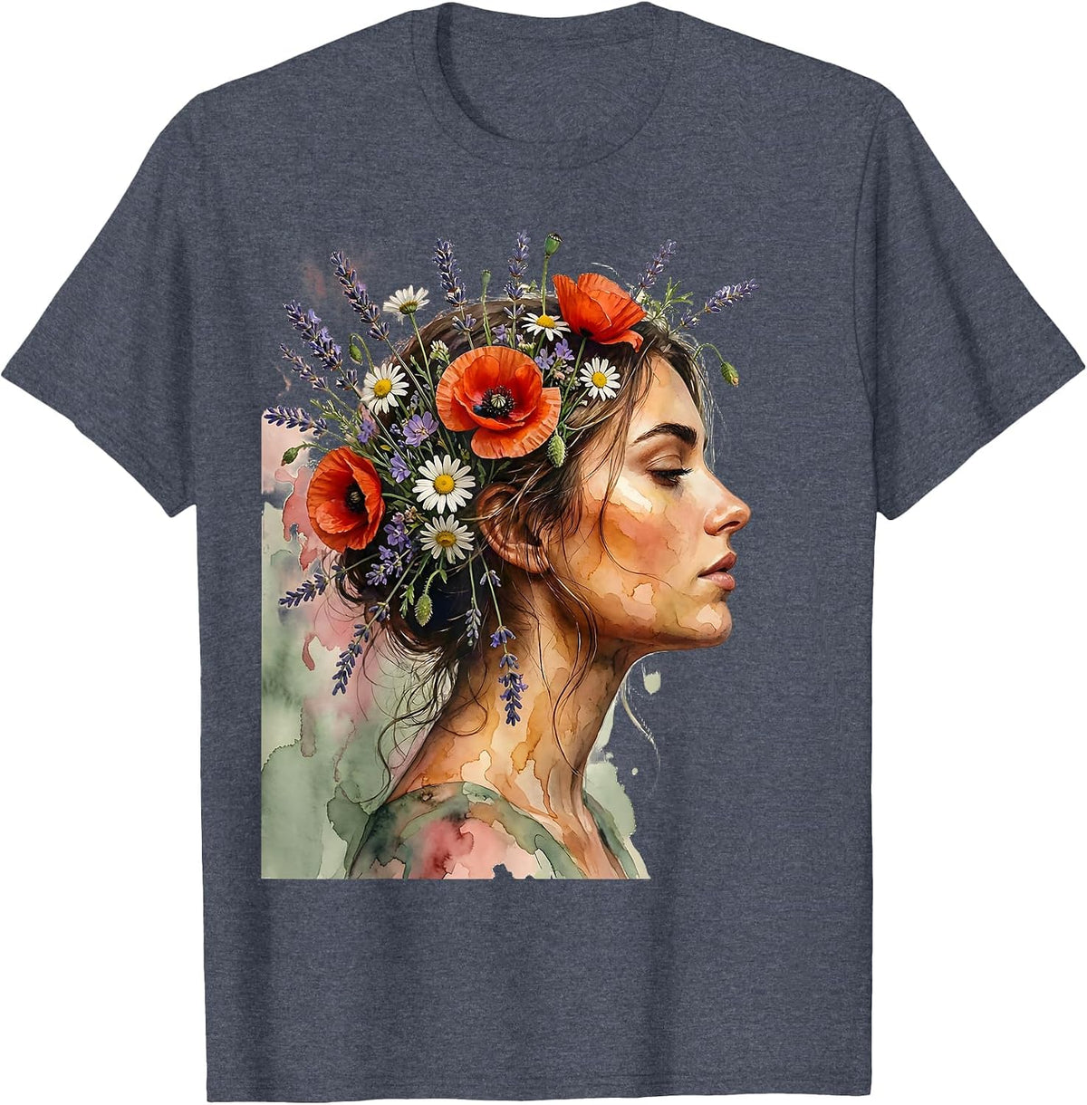 Gigi Wildflower Profile Botanical Art Design T-Shirt - Heather Blue