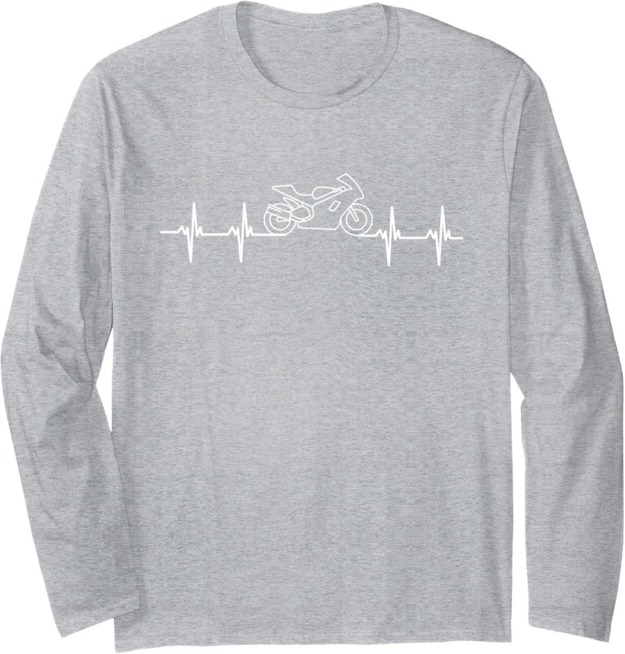 Motorcycle Heartbeat - Rider Sport Bike Biker Superbike Long Sleeve T-Shirt - Adult Unisex Heather Grey