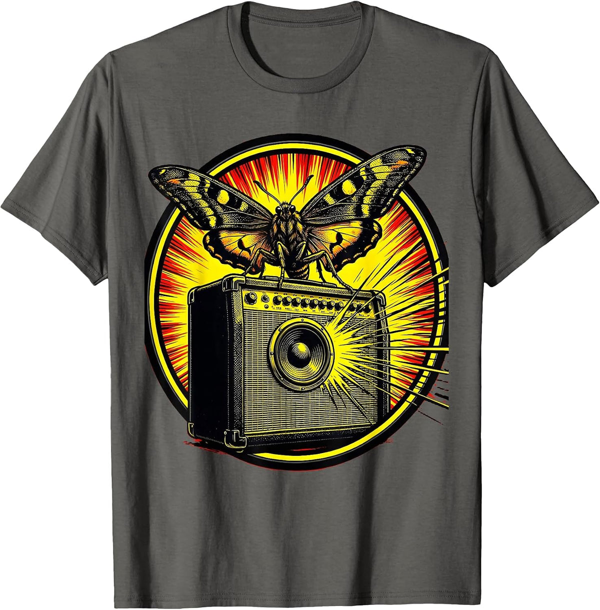 Moth and Amplifier Glow Rock Music Graphic T-Shirt - Asphalt Grey