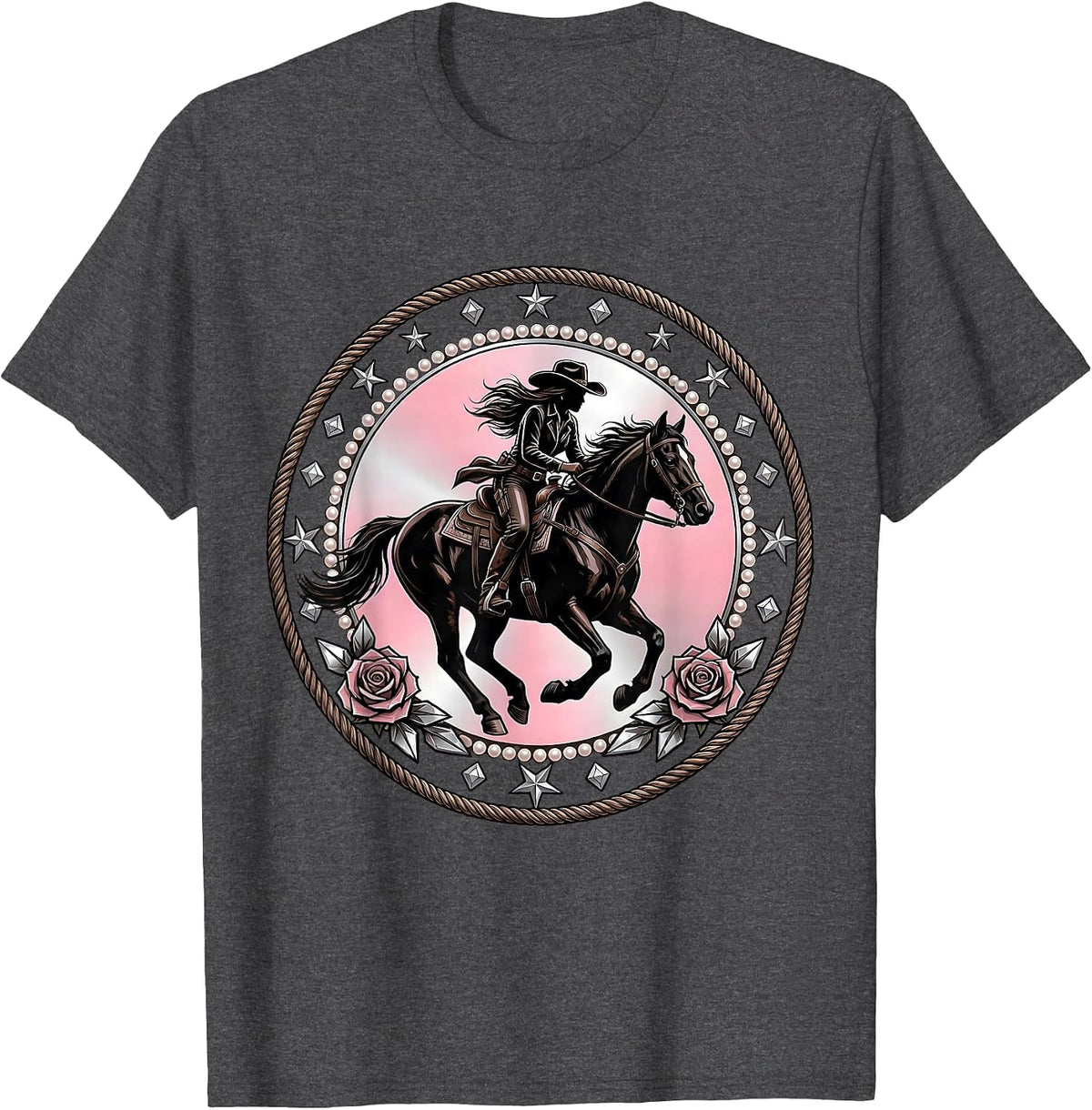 Men's Cowgirl Riding Horse Sunset Silhouette T-Shirt - Dark Heather Grey