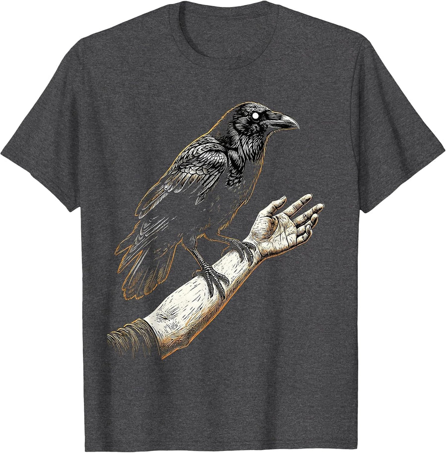 Men's Crow Perched on Outstretched Hand Illustration T-Shirt - Dark Heather Grey