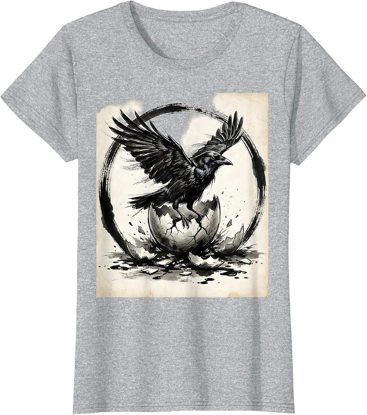 Crow Emerging From Broken Eggshell Illustration T-Shirt - Heather Grey