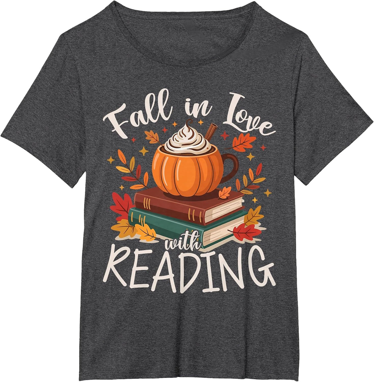 Fall in Love with Reading Autumn Librarian Cute Book Lover T-Shirt - Dark Heather Grey