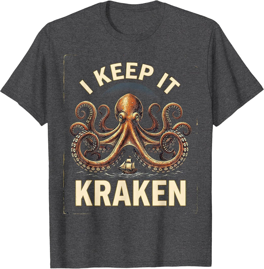 Men's I Keep It Kraken Vintage Kraken Sea Monster Octopus Lover T-Shirt - Dark Heather Grey