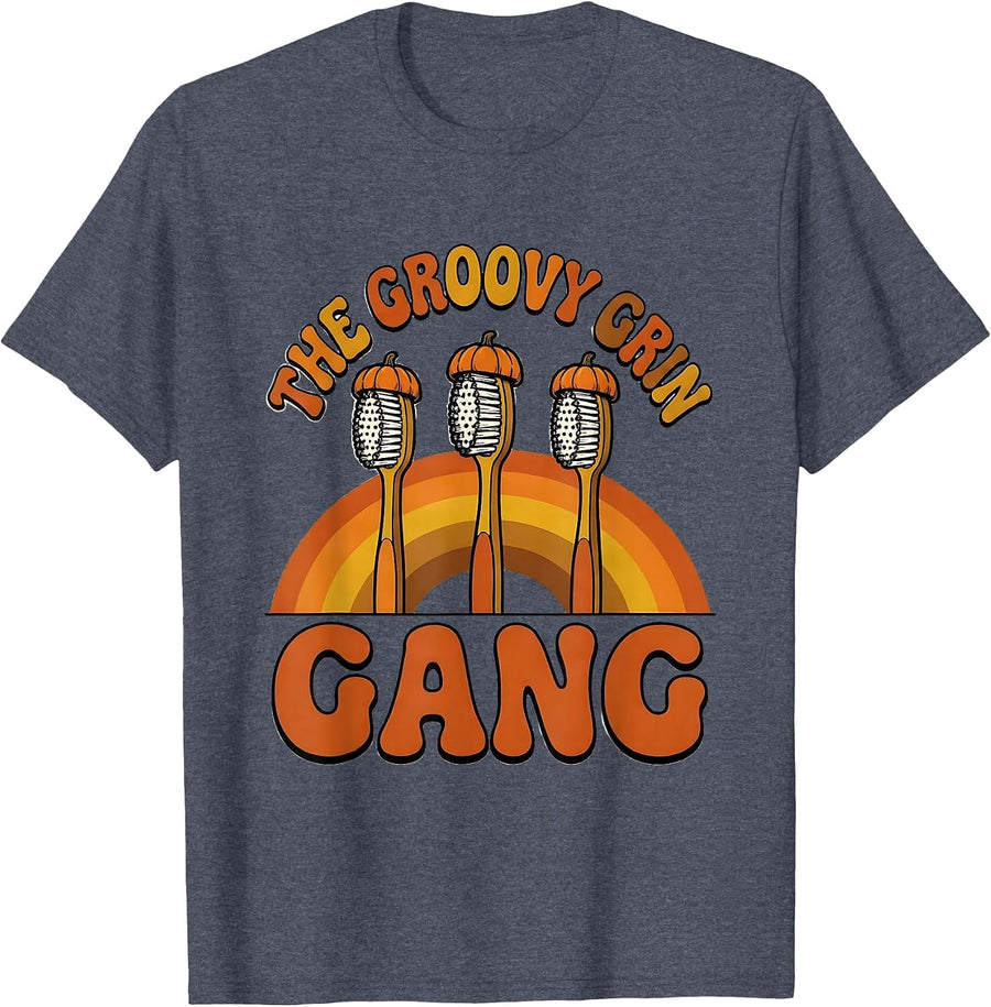 The Groovy Grin Gang Retro Dental Hygienist Halloween Humor T-Shirt - Heather Blue
