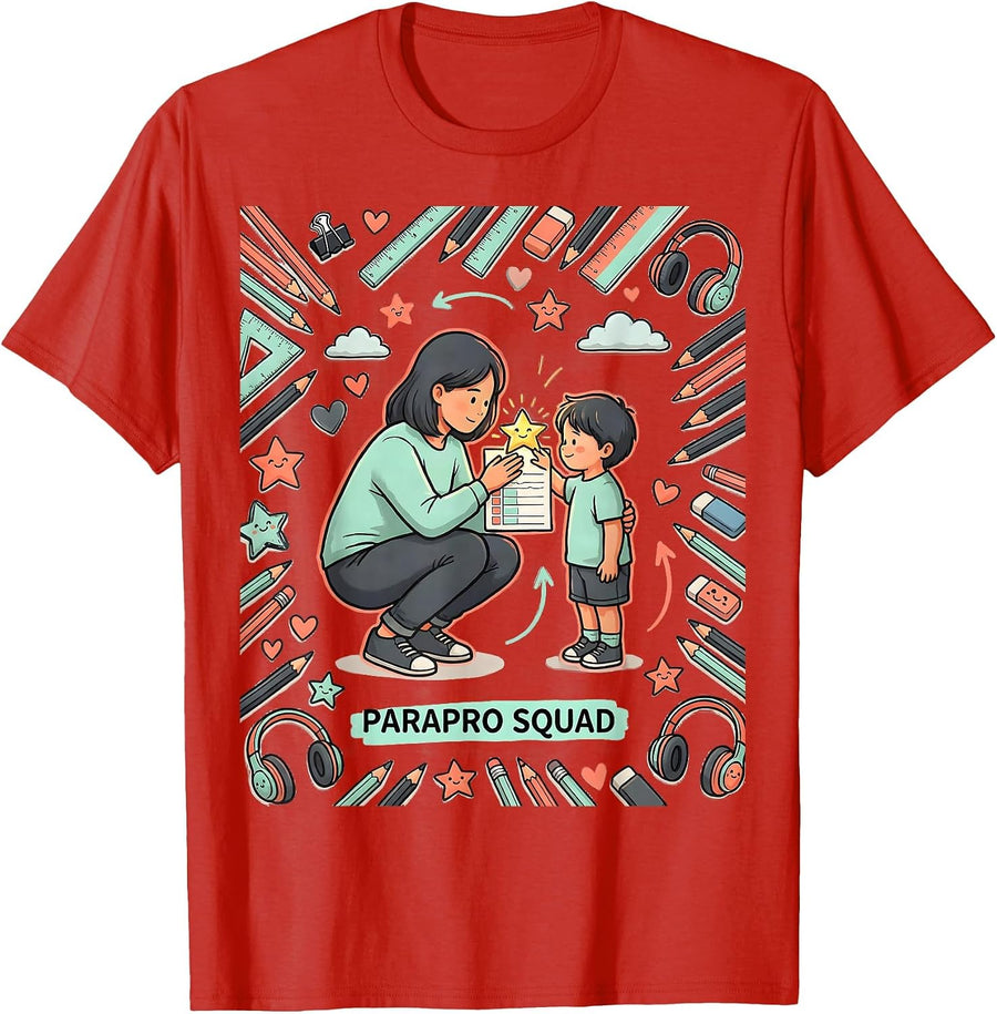 Men's Parapro Squad Kawaii Stationery Doodle Teacher Appreciation T-Shirt - Red