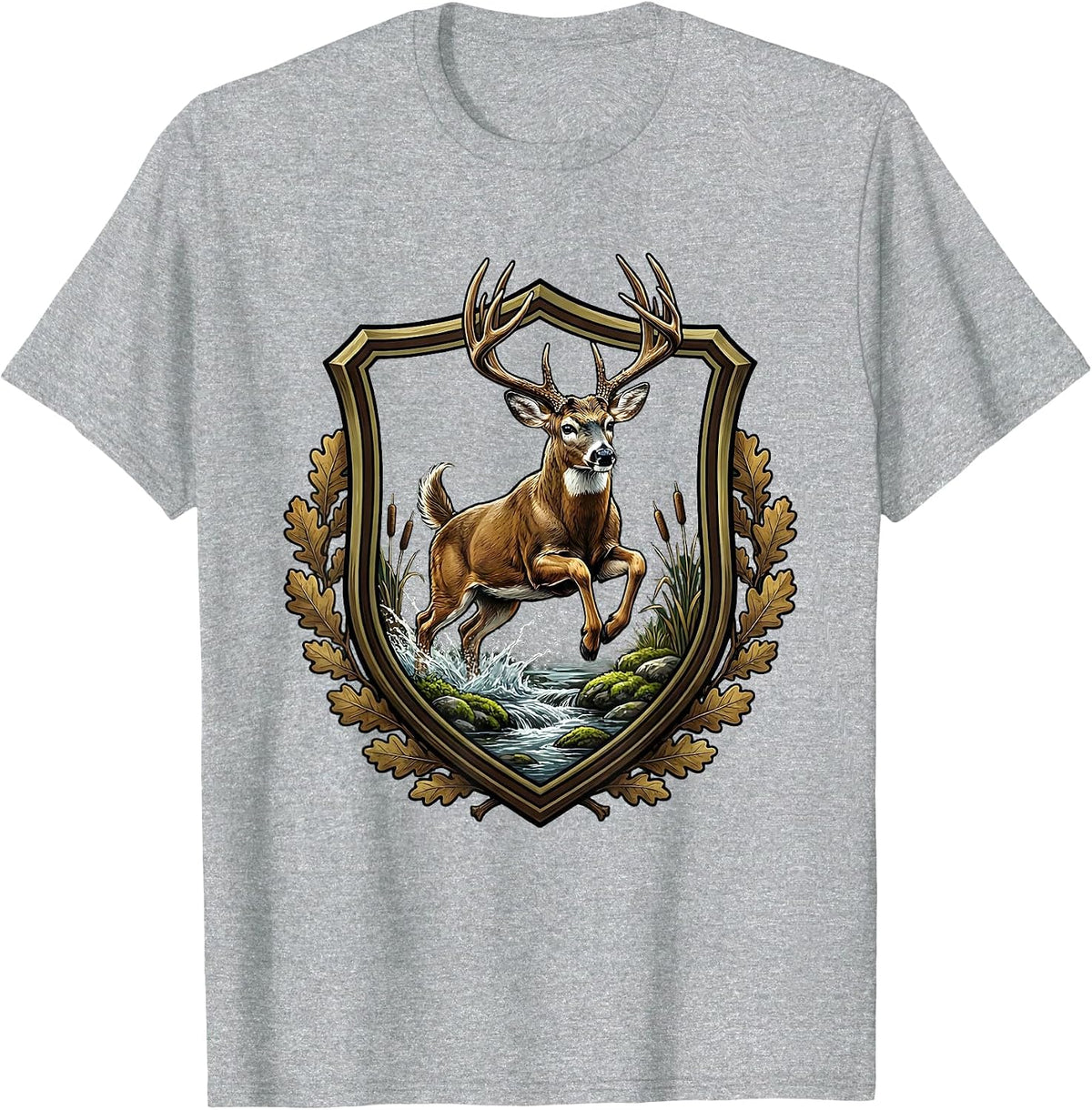 Men's Whitetail Buck Leaping Over Mossy Creek Camo T-Shirt - Heather Grey