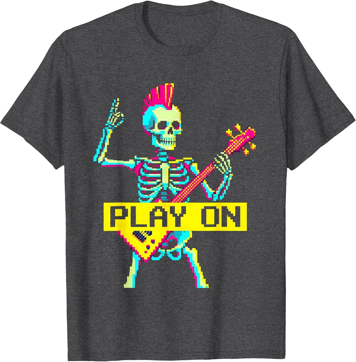 Men's Play On Pixel Art Punk Rock Skeleton Skull Halloween Music T-Shirt - Dark Heather Grey
