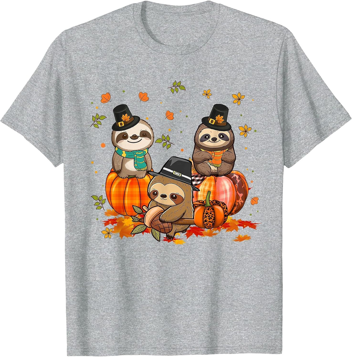 Sloth Pumpkin Leopard Buffalo Plaid Fall Thanksgiving T-Shirt - Heather Grey