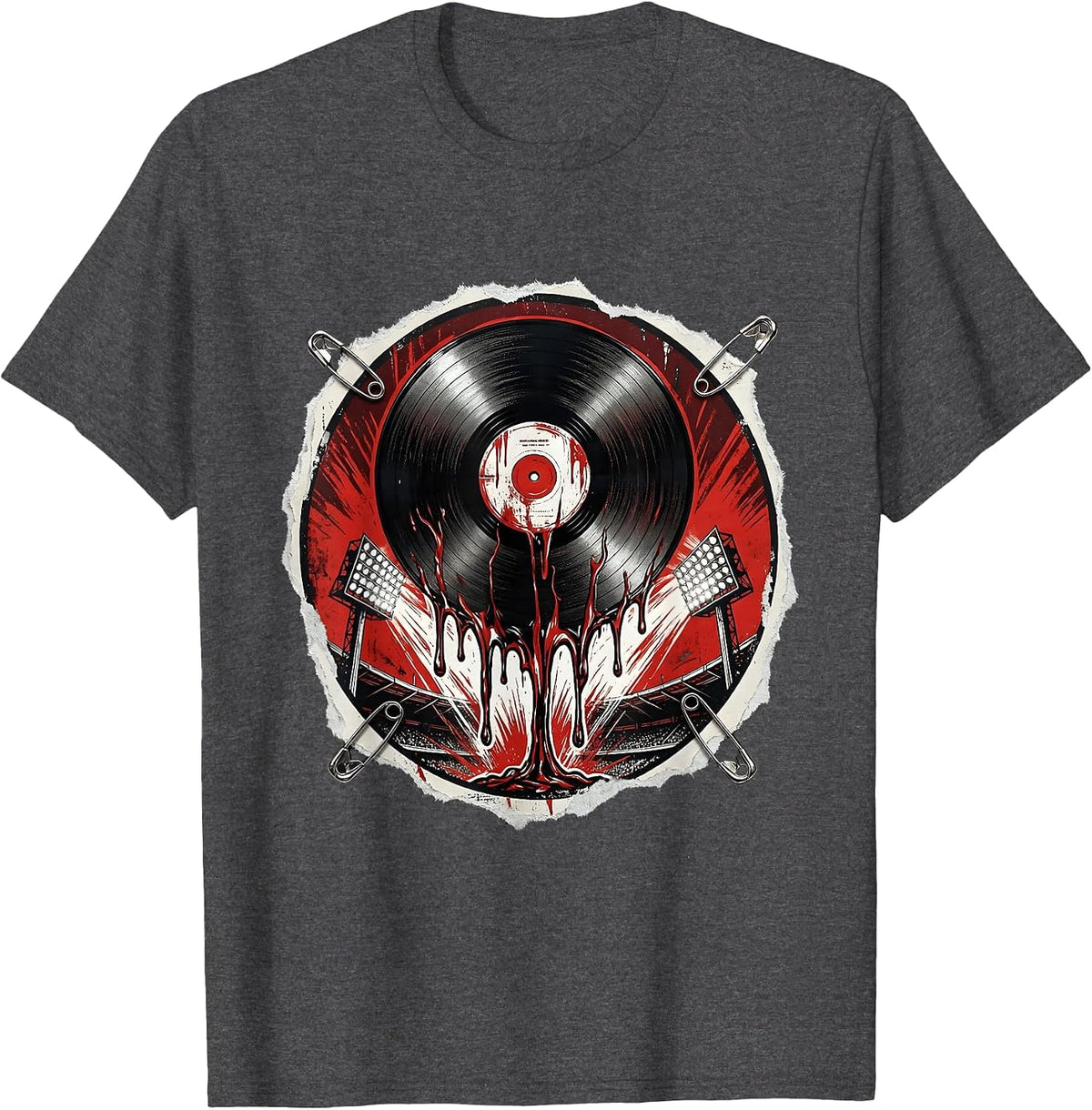 Melting Vinyl Record Over Stadium Lights T-Shirt - Dark Heather Grey