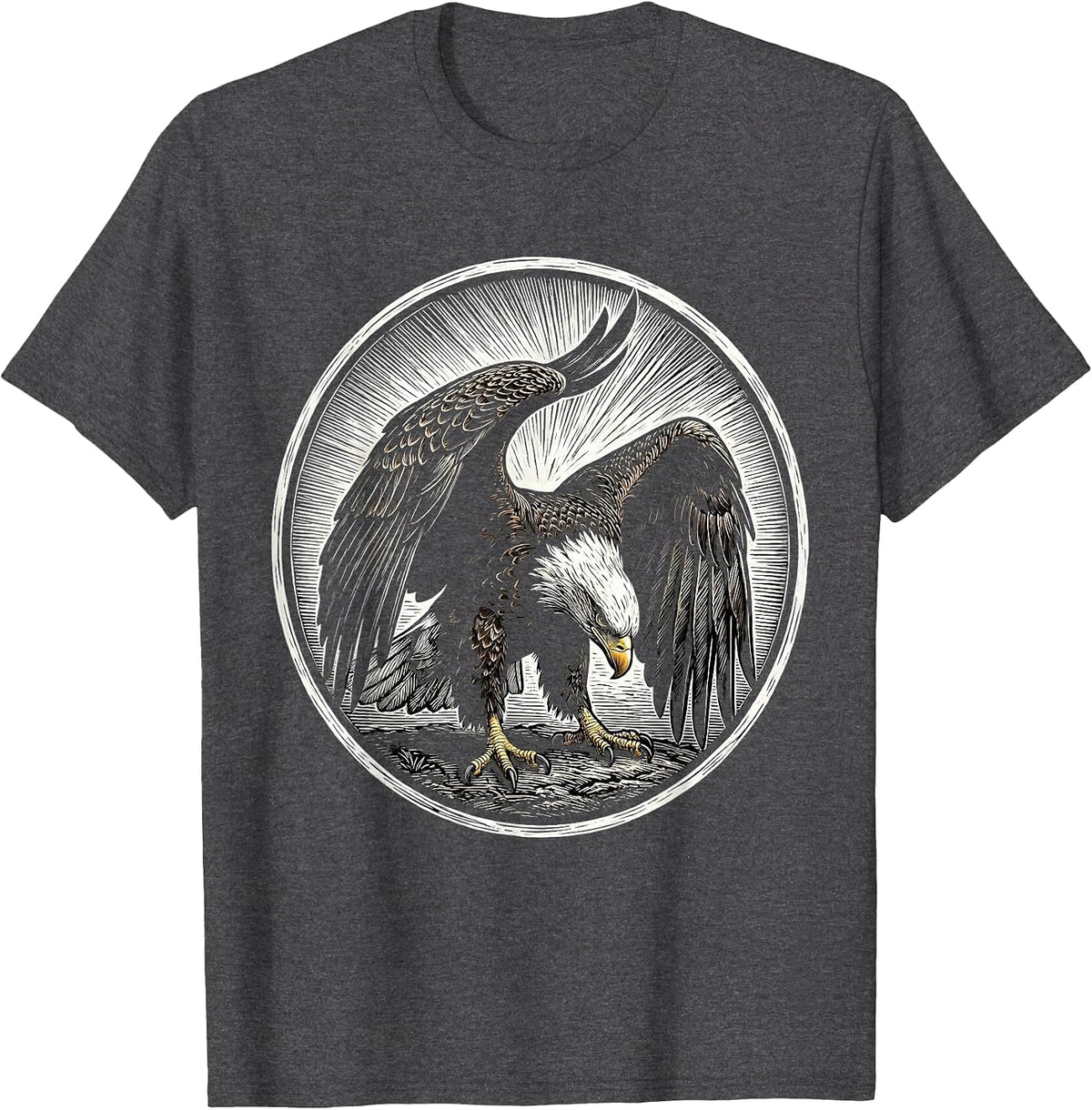 Men's Bald Eagle Woodcut Engraving Eagle Lover Nature Faith T-Shirt - Dark Heather Grey