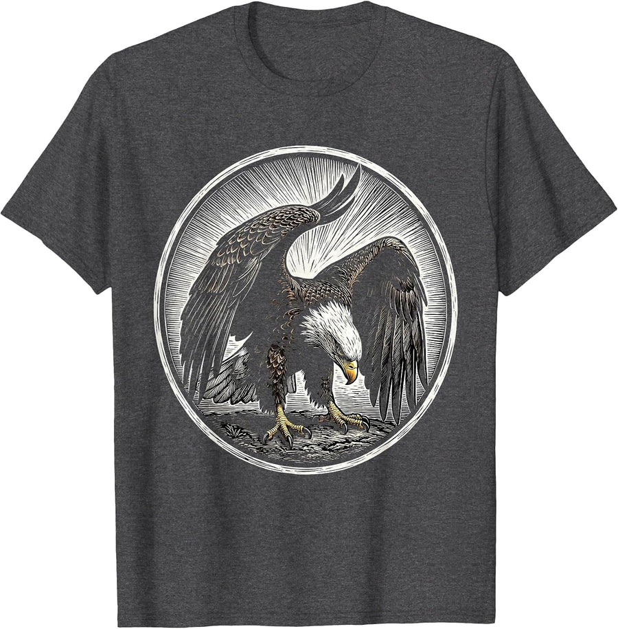 Men's Bald Eagle Woodcut Engraving Eagle Lover Nature Faith T-Shirt - Dark Heather Grey